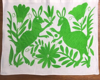 Hand Embroidered Otomi Placemat: Mexican Folk Art (17" x 13") - Lime Green