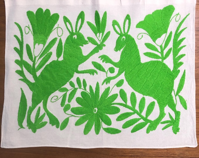 Hand Embroidered Otomi Placemat: Mexican Folk Art (17" x 13") - Lime Green