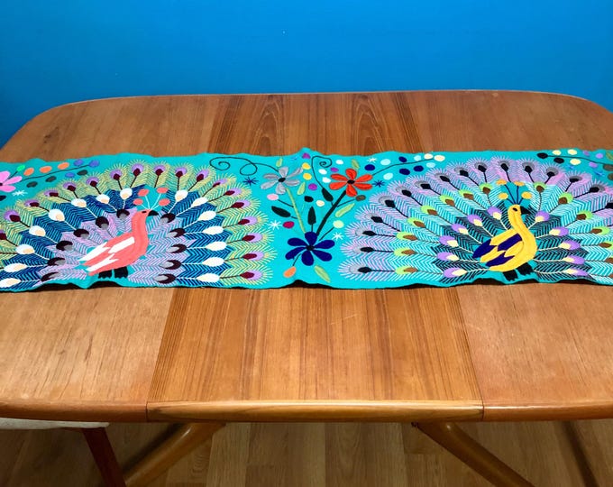 Hand Embroidered Table Runner - Teal Green Base with Multicolored Peacocks and Flowers