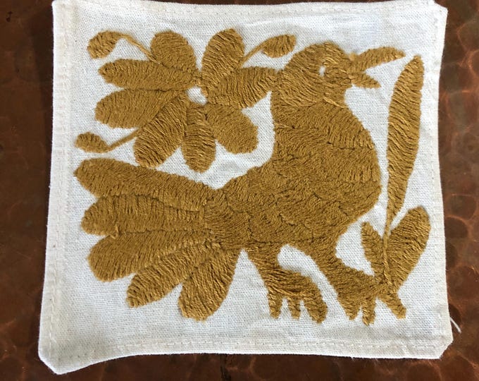 Otomi hand embroidered muslin coaster / cocktail napkin / frame-able art with gold bird and flowers.