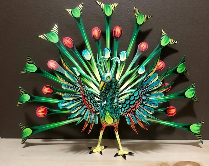 Alebrije Large Peacock Handcrafted Wood Carving by Esperanza Martinez from Oaxaca, Mexico.