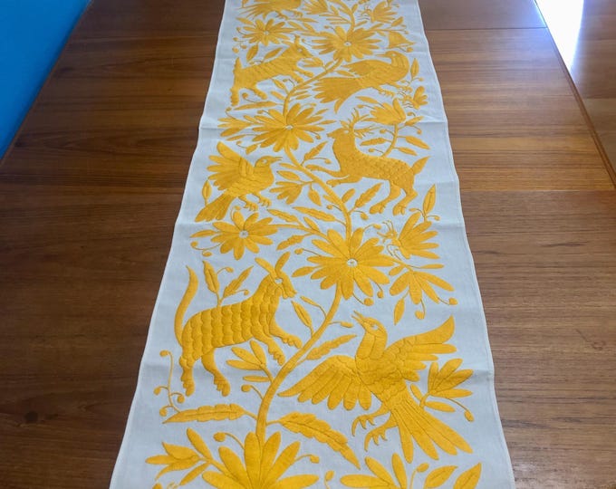 Otomi Hand Embroidered Table Runner /Bed Scarf /  Frame-able Art with Yellow Embroidery (approx. 74" x 17")