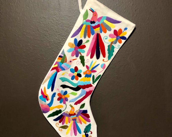 Hand Embroidered Otomi Large Christmas Stocking with Multicolor Embroidery from Hidalgo, Mexico (Off-White Cotton)