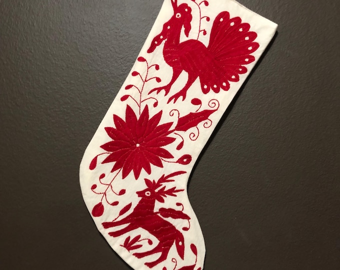 Hand Embroidered Otomi Christmas Stocking: Red Embroidery, Mexican Folk Art