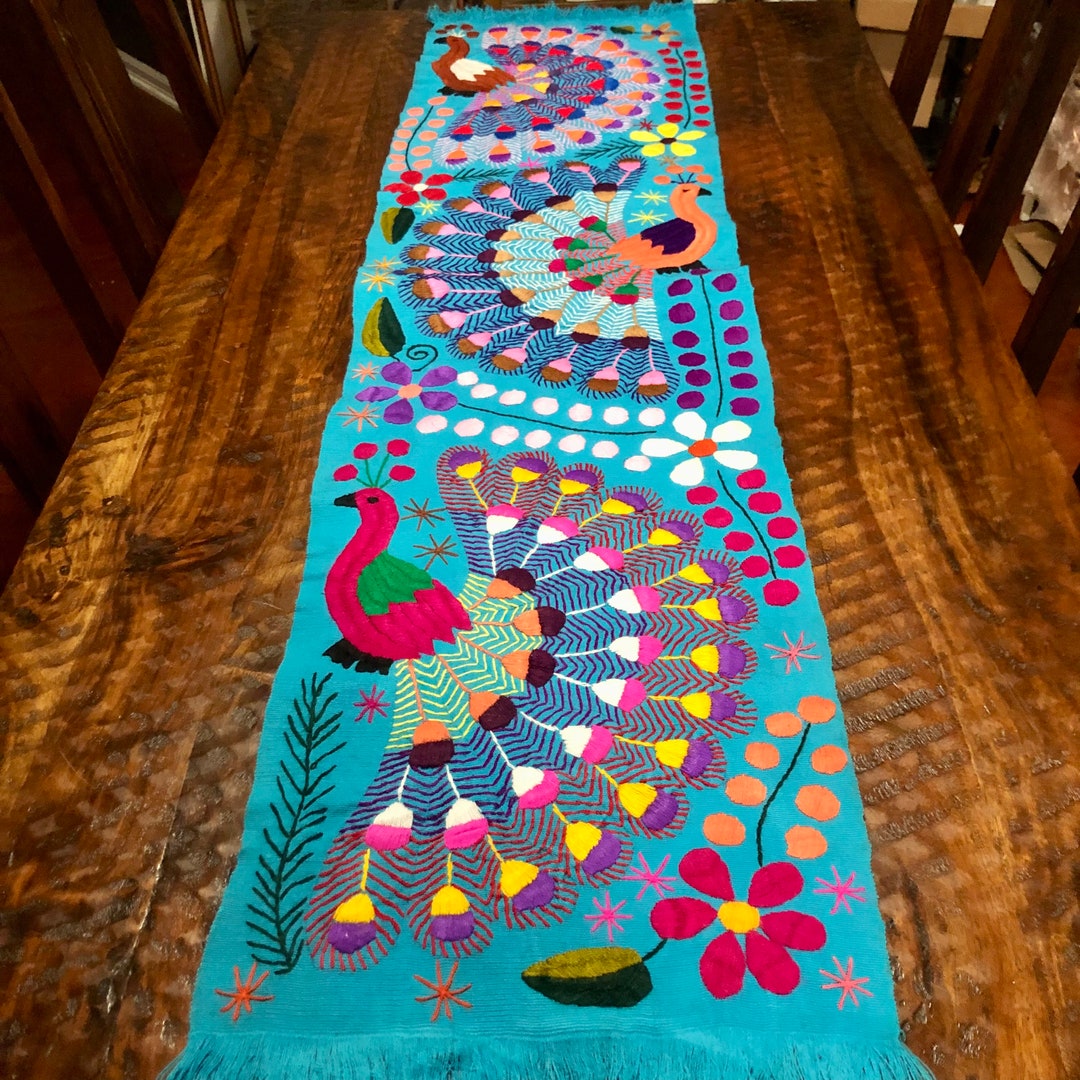 Hand Embroidered Table Runner Light Blue Base With Etsy