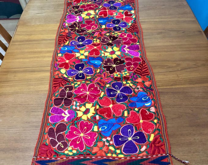 Hand Woven Table Runner / Bed Scarf / Wall Art with Multi-color Embroidery (approx. 48" x 17")