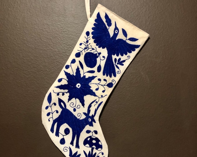 Hand Embroidered (Off White Cotton) Otomi Large Christmas Stocking with Indigo Blue Embroidery from Hidalgo, Mexico
