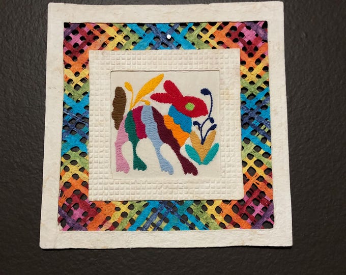 Handmade Amate Paper Wall Art with Otomi Embroidery from Mexico (8.75” x 8.75”)