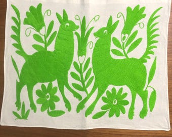 Hand Embroidered Otomi Placemat: Mexican Folk Art (17" x 13") - Lime Green