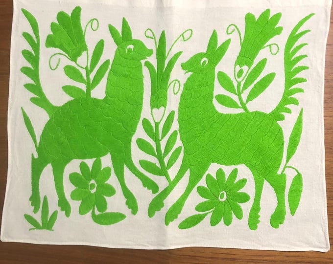 Hand Embroidered Otomi Placemat: Mexican Folk Art (17" x 13") - Lime Green