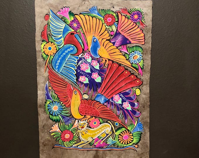 Amate Paper Wall Art with Birds, Animals and Flowers by Andrés de la Loma (Pahuatlán Puebla Mexico)