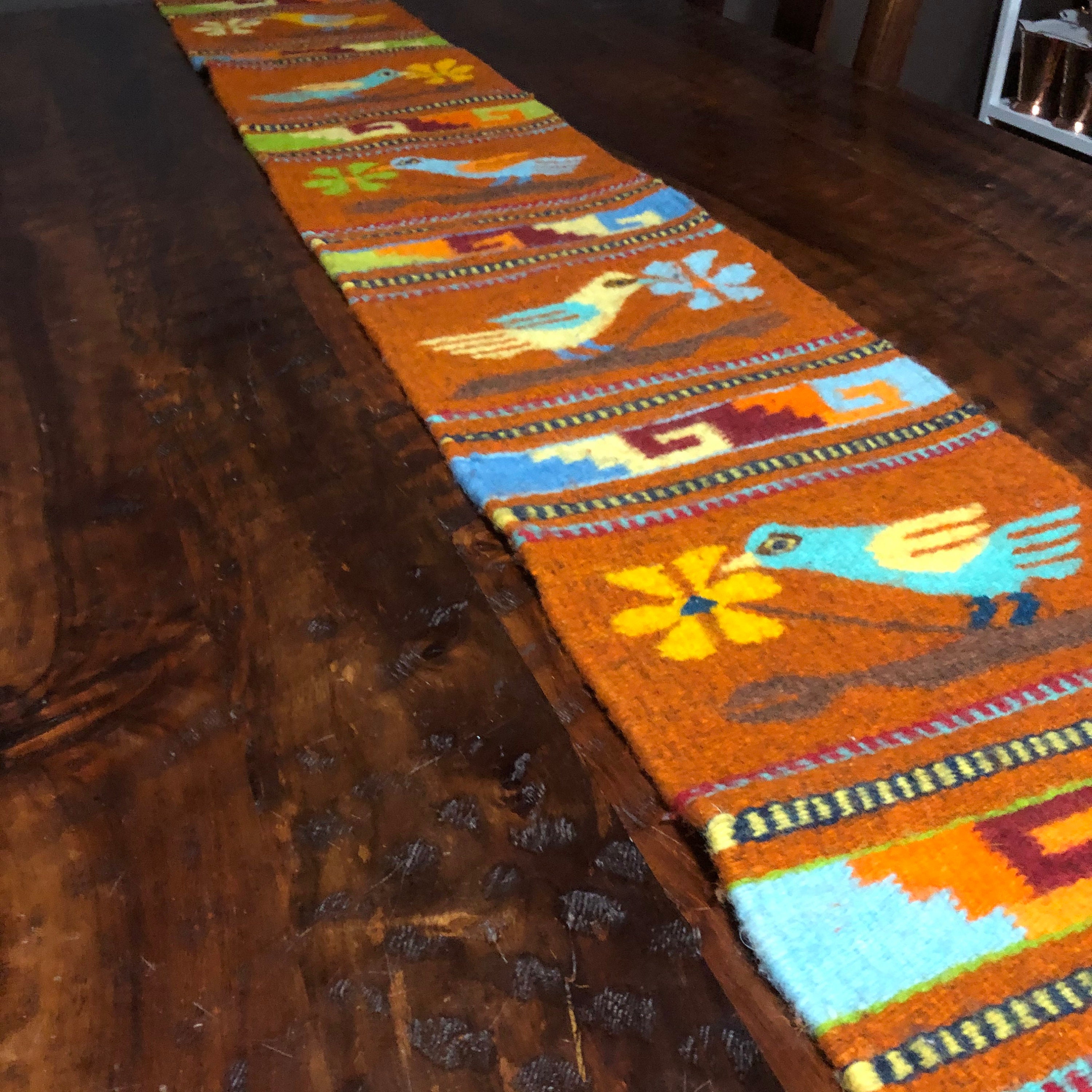 Zapotec hand woven merino wool table runner with birds and flowers 78” x 10