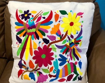 Hand Embroidered Otomi Pillow Cover: Mexican Folk Art, Spirit Animals