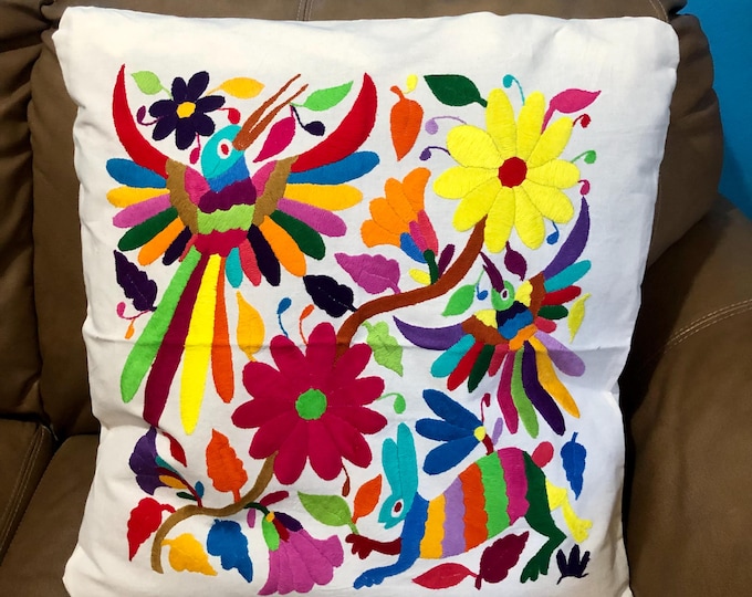 Otomi hand embroidered 18.5 x 19.5” pillow case with spirit animals and flowers.