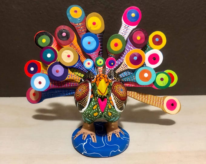 Alebrije Peacock Handcrafted Wood Carving by Zeny Fuentes and Reyna Piña from Oaxaca, Mexico.