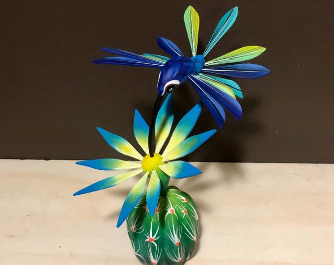 Handcrafted Alebrije Flowering Cactus with Hummingbird Woodcarving from Oaxaca, Mexico