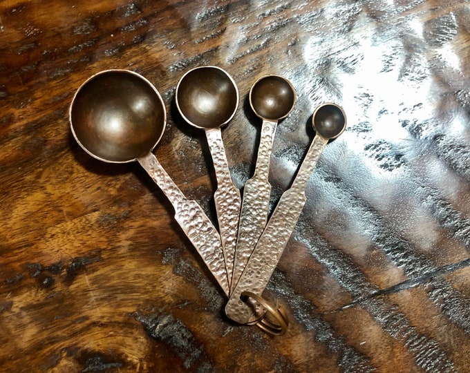 Pure Copper Hand Engraved Measuring Spoon Set - Brown Patina