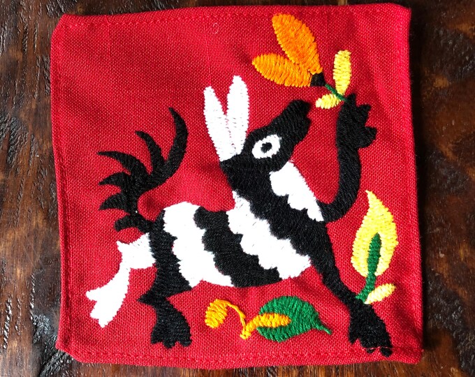 Otomi hand embroidered muslin coaster/cocktail napkin/frame-able art with multicolor animal design approx.  (4.5” x 4.5”)