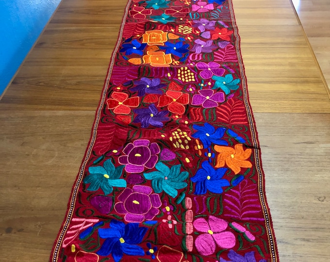 Hand Woven Bed Scarf / Table Runner / Wall Art with Multi-color Embroidery (approx. 96" x 17")