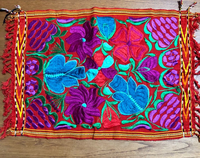 Hand Woven Embroidered Cotton Placemat with Multi-color Flowers (approx. 18” x 13”)