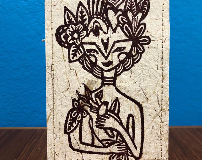 Handmade Small Paper Journal / Notebook with Linocut Print Cornhusk Paper Covers and Eucalyptus Journal Paper (80 pages)