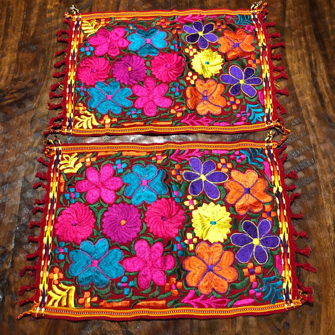 Hand Woven Cotton Placemats With Multicolor Embroidered Etsy