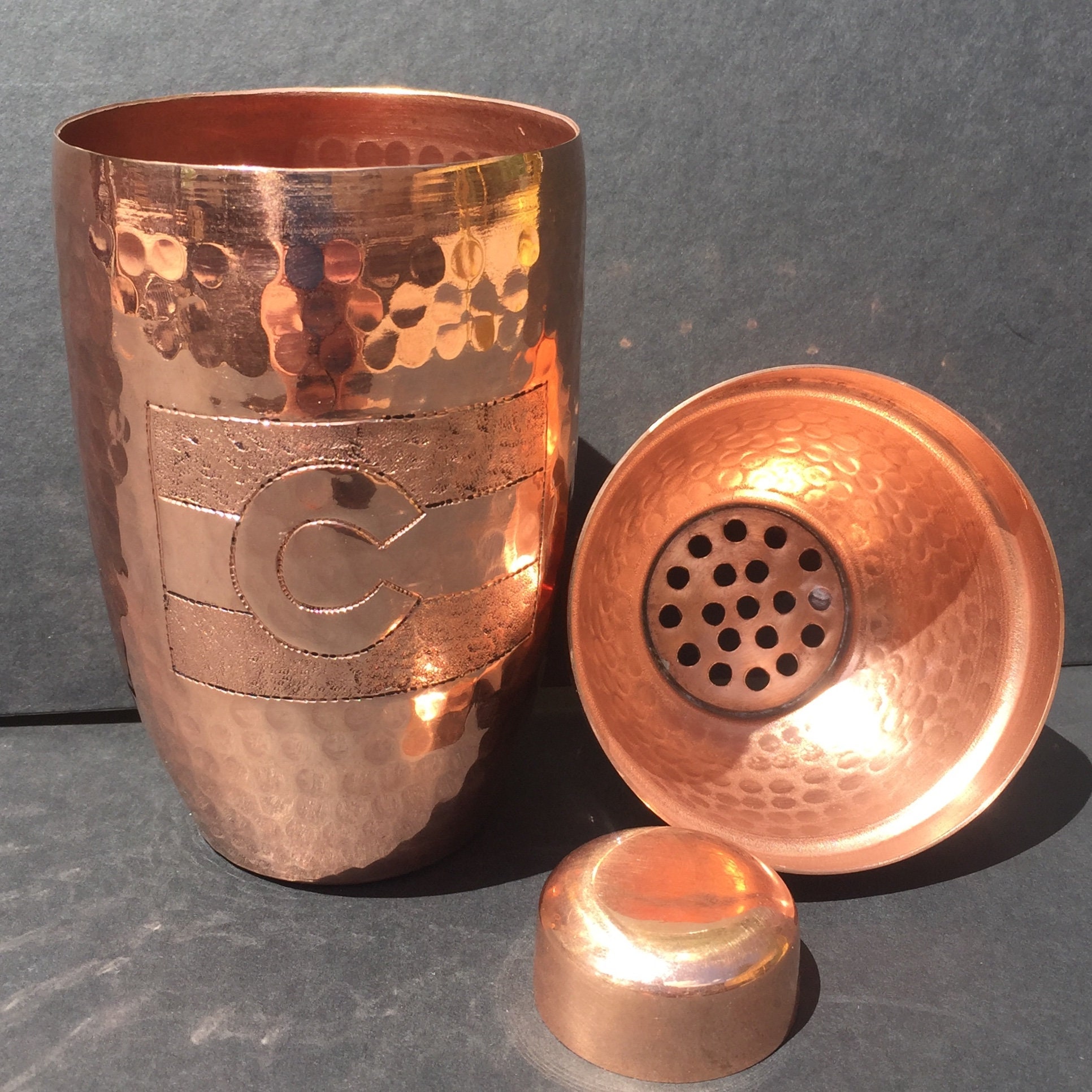 Pure Hammered Copper Cocktail Shaker with hand engraved Colorado Flag logo