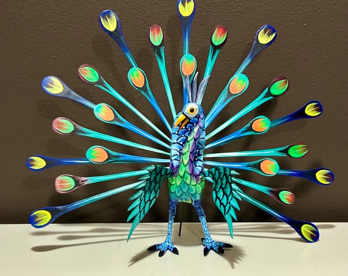 Alebrije Large Peacock Handcrafted Wood Carving by Esperanza Martinez from Oaxaca, Mexico.