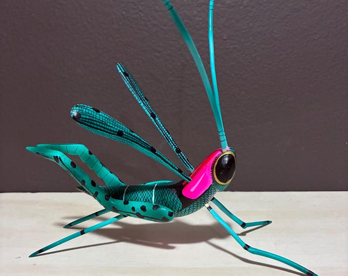 Handcrafted Alebrije Grasshopper: Oaxacan Wood Carving by Zeny Fuentes and Reyna Piña