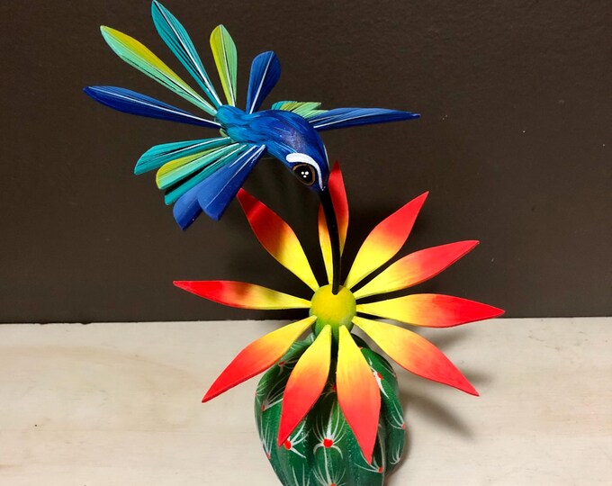 Handcrafted Alebrije Flowering Cactus with Hummingbird Woodcarving from Oaxaca, Mexico