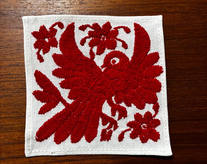Otomi hand embroidered muslin cotton coaster / cocktail napkin / frame-able art with red bird and flowers. (4 1/4” x 4 1/4”)