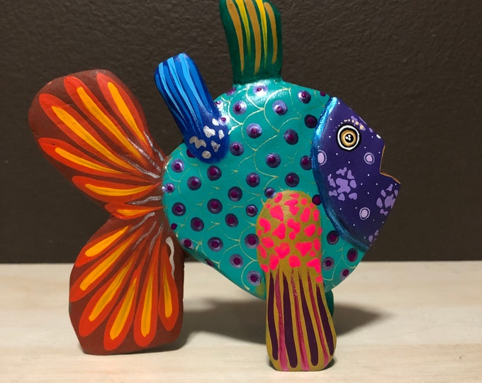 Alebrije Fish Handcrafted Wood Carving by Taller Zeny Fuentes hand painted by Michelle Fuentes from Oaxaca, Mexico.