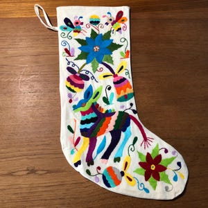 Hand Embroidered Otomi Large Christmas Stocking with Multicolor Embroidery from Hidalgo, Mexico (Off-White Cotton)