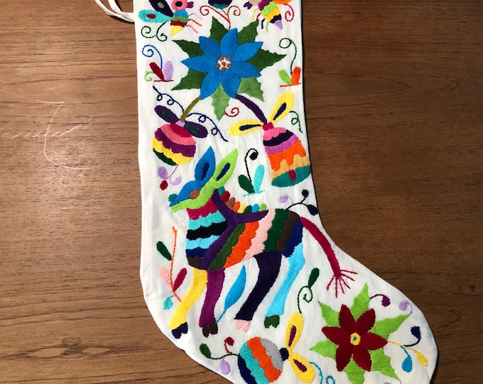 Hand Embroidered Otomi Large Christmas Stocking with Multicolor Embroidery from Hidalgo, Mexico (Off-White Cotton)