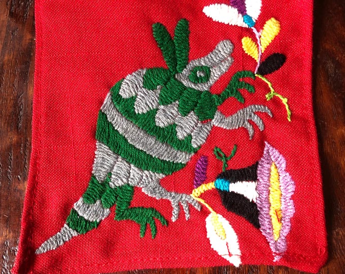 Otomi hand embroidered muslin coaster/cocktail napkin/frame-able art with multicolor animal design approx.  (4.5” x 4.5”)