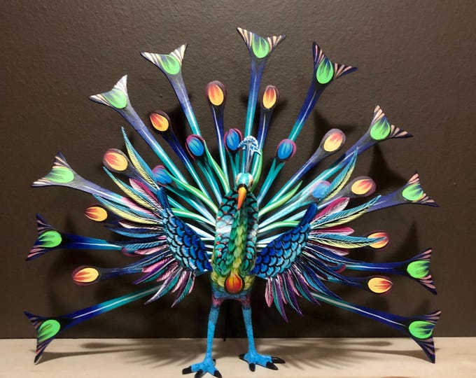 Alebrije Large Peacock Handcrafted Wood Carving by Esperanza Martinez from Oaxaca, Mexico.