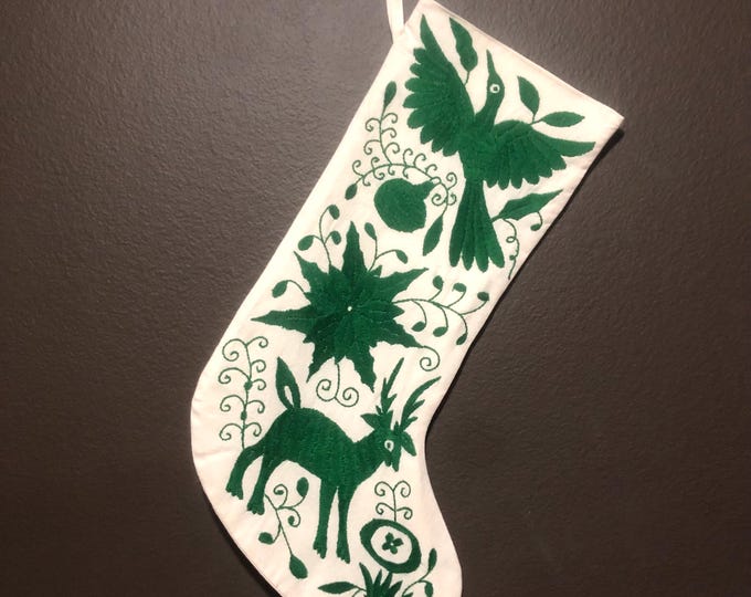 Hand Embroidered Otomi Christmas Stocking: Green Embroidery