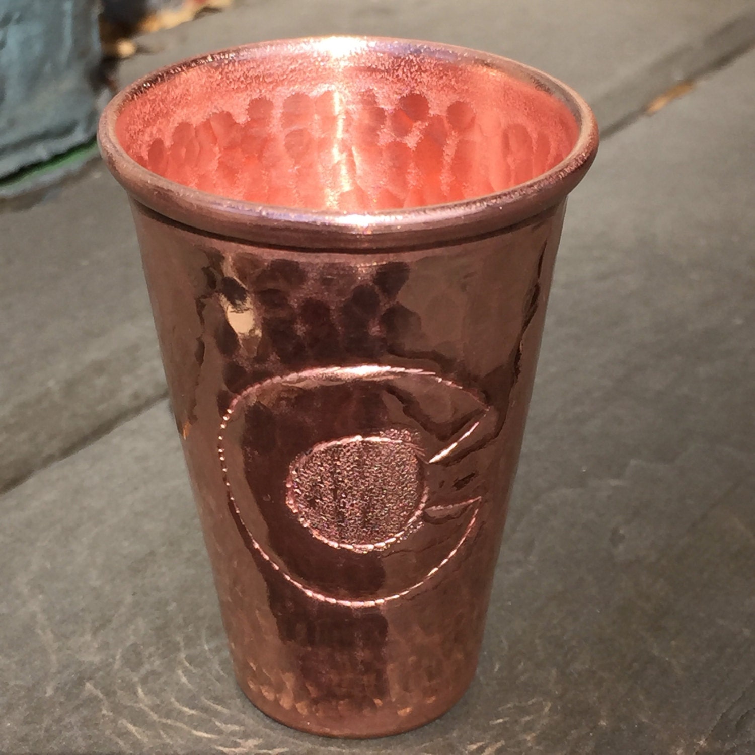 2pk of 2 oz. pure hammered copper shot glasses with Colorado C engraved