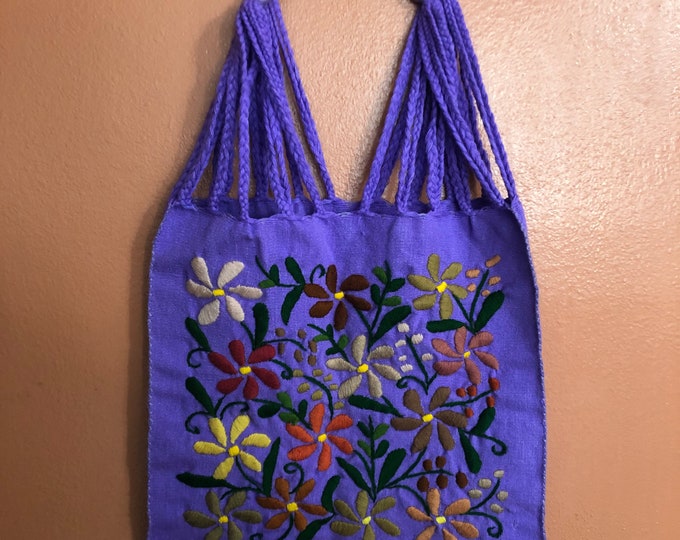 Hand Woven Embroidered Cotton Tote Bag with Flowers (approx. 15” x 15”)