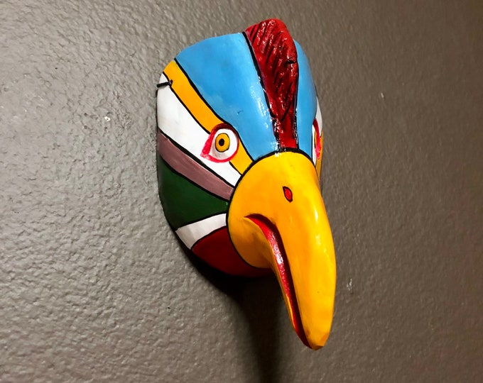 Mexican Decorative Indigenous Bird Head Hand Carved Wood Wall Mask