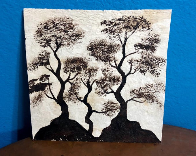 Handmade Amate Paper Wall Art with Trees from Mexico