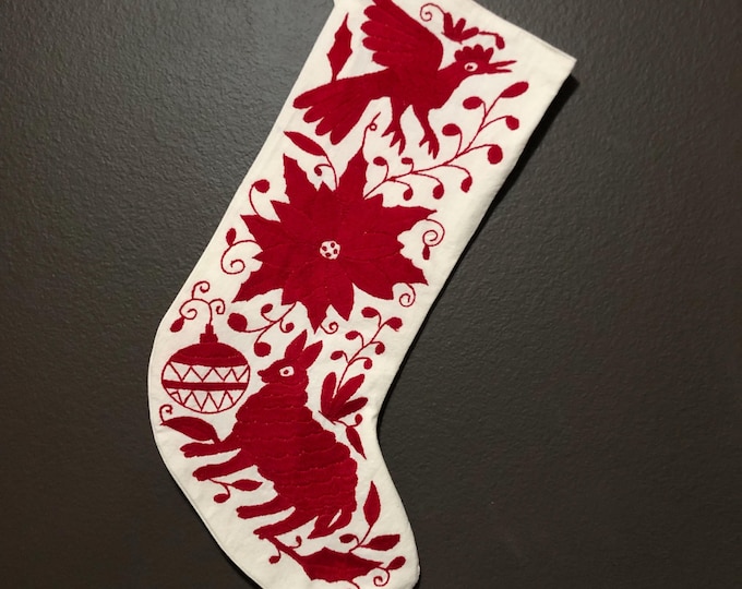 Hand Embroidered Otomi Christmas Stocking: Red Embroidery, Mexican Folk Art
