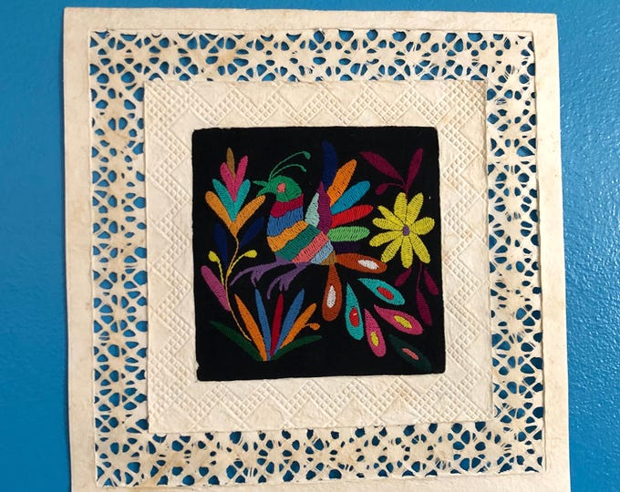 Amate Bark Paper Wall Art with woven border and hand embroidered Otomi bird design (15 3/4” x 15 3/4”)