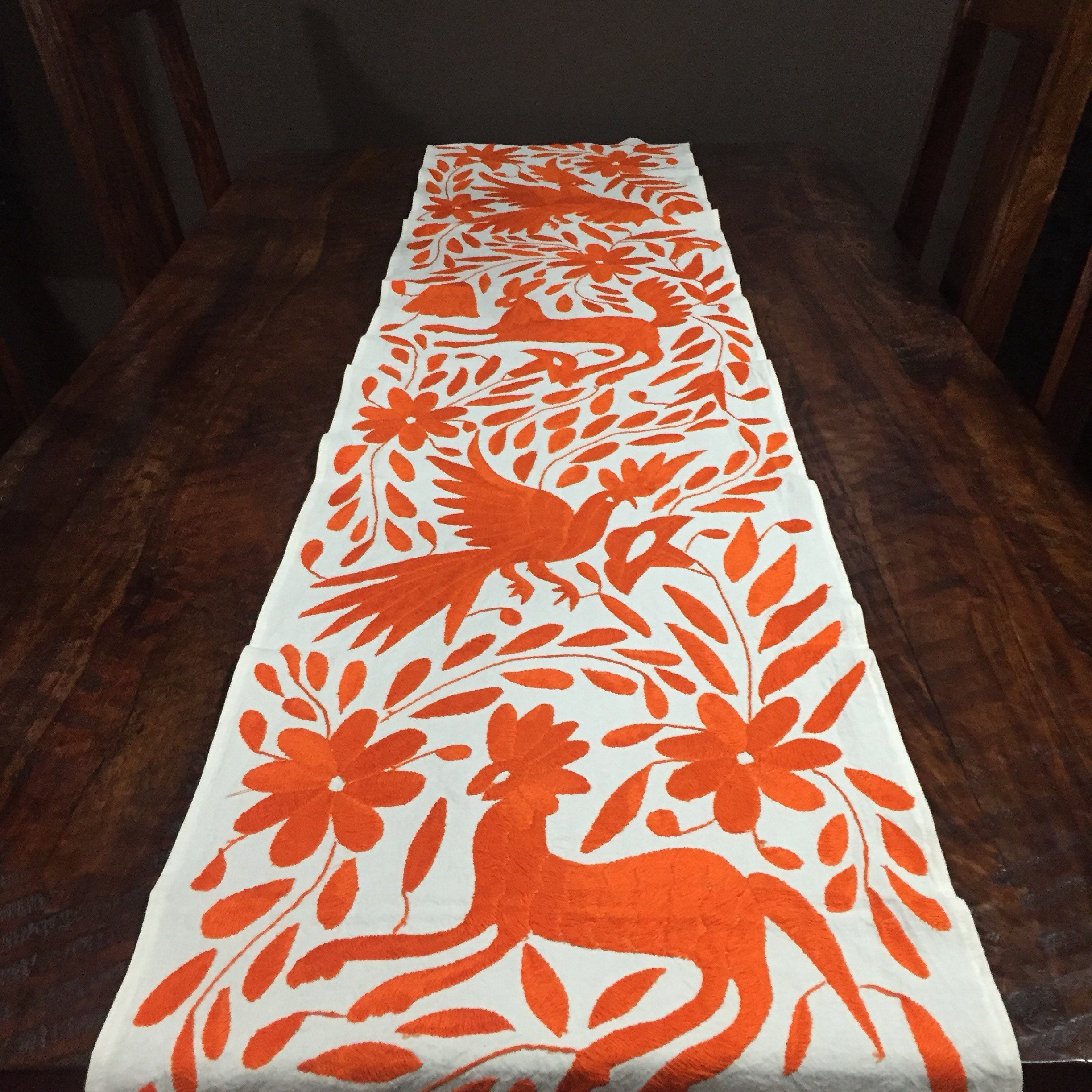 Otomi Hand Embroidered Table Runner or Bed Scarf orange