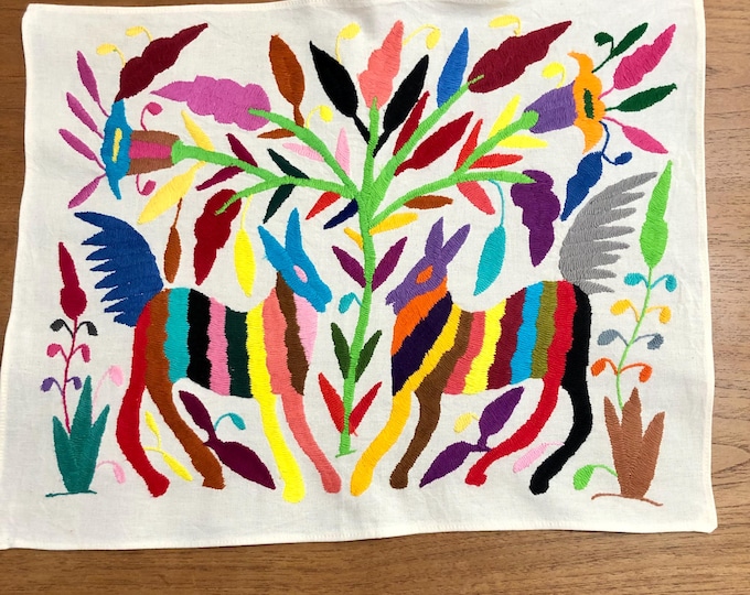 Hand embroidered Otomí placemat/frame-able art (approx. 17” x 13") - multicolor spirit animals and flowers.