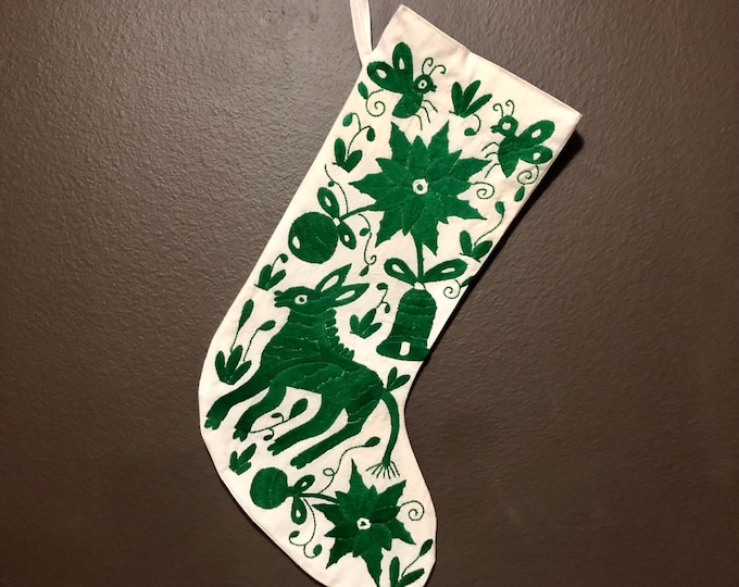 Hand Embroidered Otomi Christmas Stocking: Green Embroidery