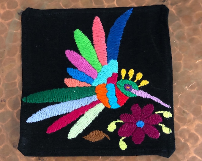 Otomi hand embroidered muslin coaster/cocktail napkin/frame-able art with multicolor bird design approx.  (4.5” x 4.5”)