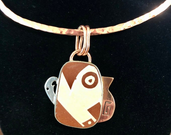 One of a Kind Mata Ortiz .950 Sterling Silver and Copper Pendant with 18” Copper Choker Chain