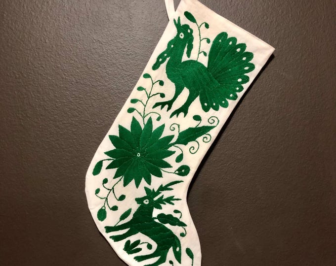 Hand Embroidered Otomi Christmas Stocking: Green Embroidery