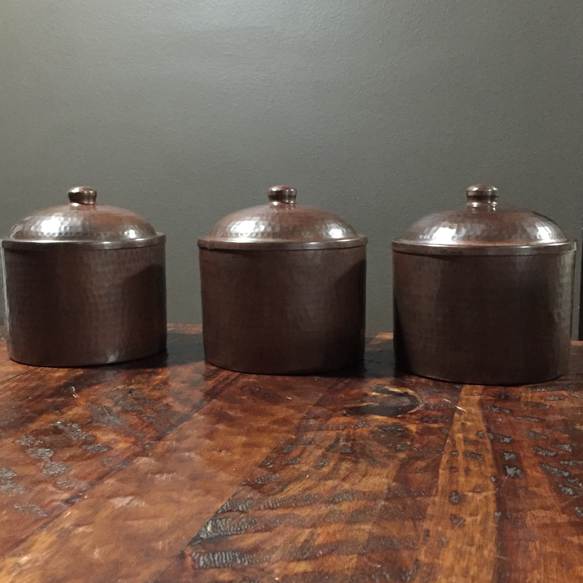 Hammered Copper Canister Set of 3 with lid (6x6) with brown patina